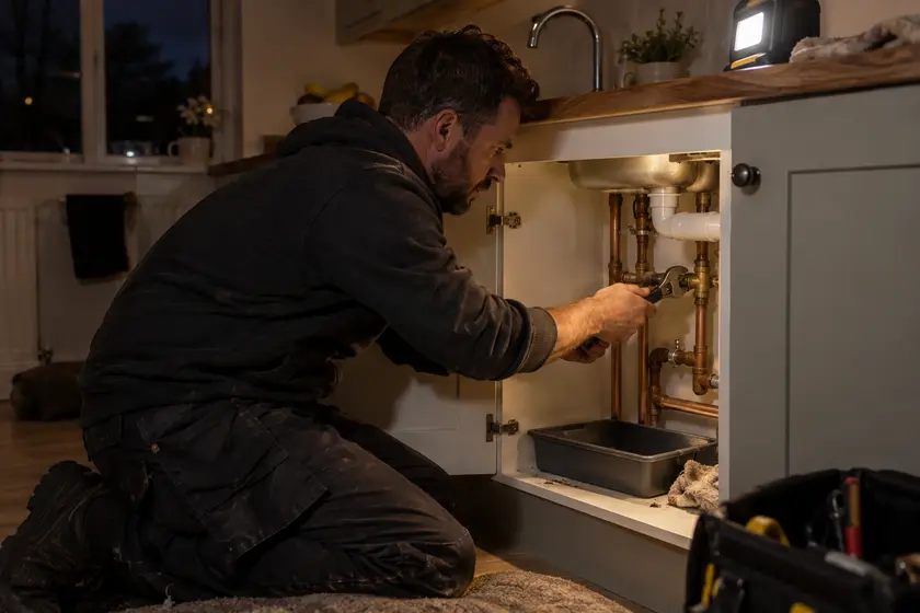 Plumber repairing under-sink water pipework at night.