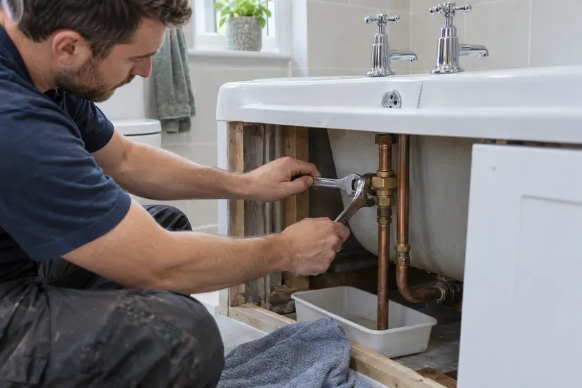 Plumber repairing a leaking copper pipe joint beneath a bathtub.