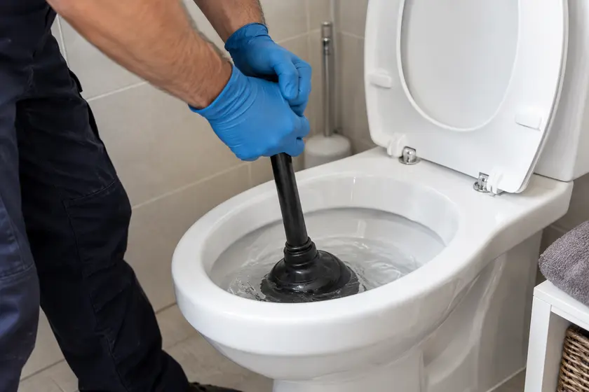 Plumber using a flange plunger to clear a blocked toilet.
