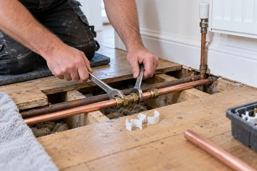 Plumber repairing copper heating pipework below lifted floorboards.
