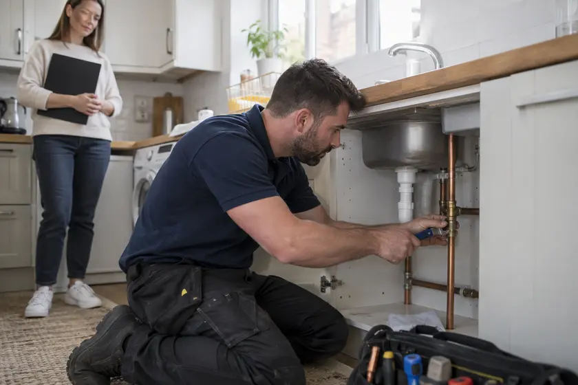 Plumber repairing kitchen water pipes in a rental home.
