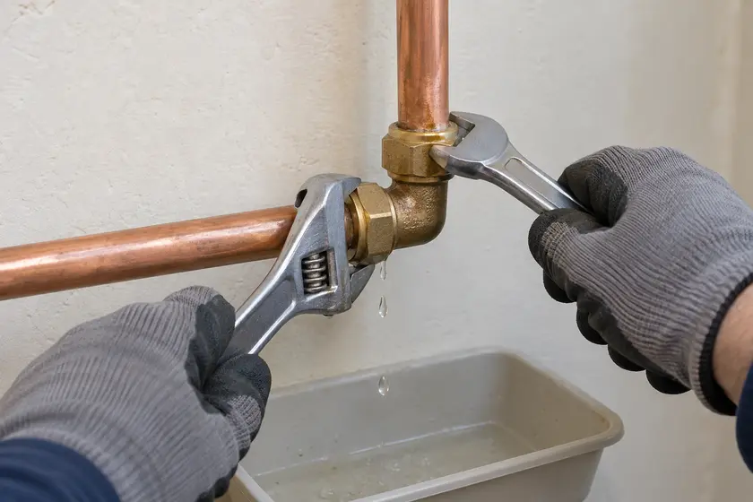 Plumber tightening a leaking copper pipe compression joint.