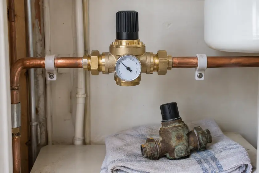 New pressure reducing valve installed with the removed old valve below.