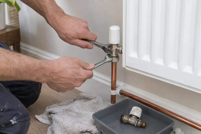 Plumber replacing a manual radiator valve beside a white panel radiator.