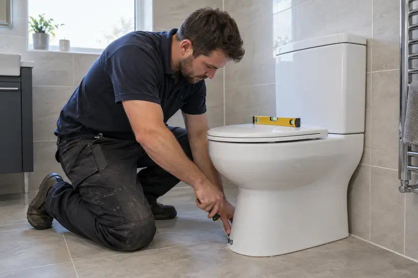 Plumber securing a newly installed toilet to the bathroom floor.