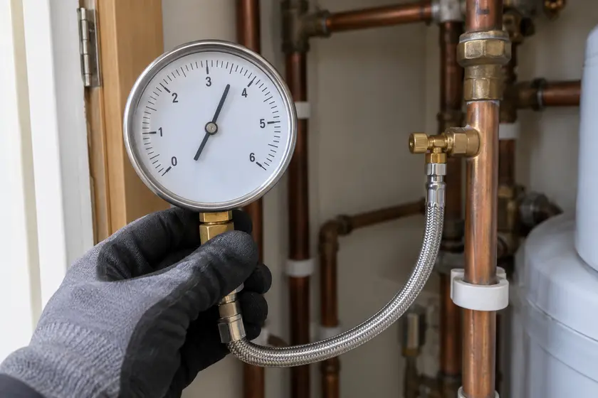 Water pressure gauge connected to a domestic supply pipe for diagnosis.